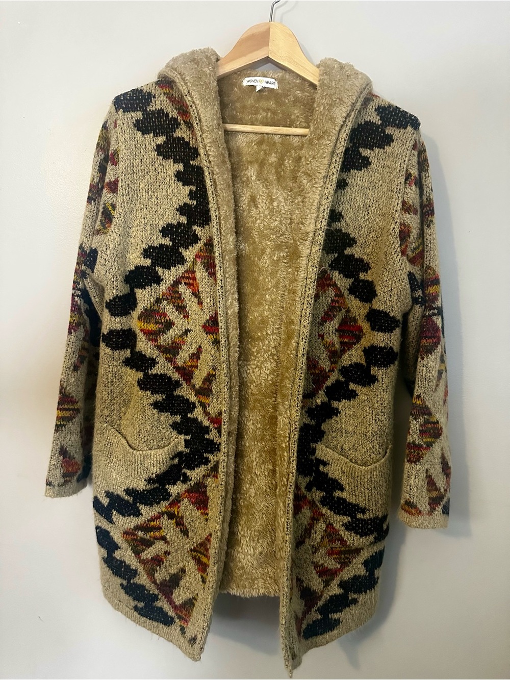 Woven Heart Cozy Aztec Inspired Plush Interior Hooded Cardigan Sweater, Medium
